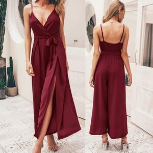 Women's Sexy‎ Stretch Cami Eleagant Flare Jumpsuit With Slit Burgundy